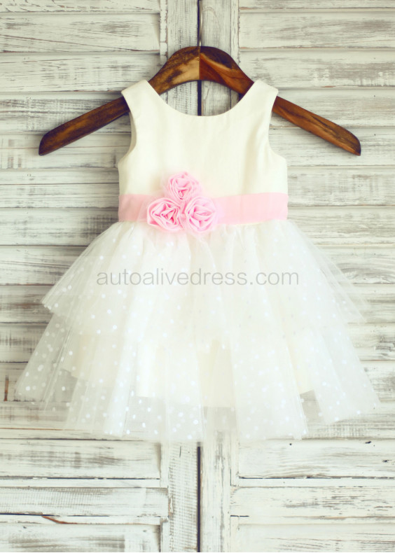 Cotton Polka Dots Tulle with Pink Flower Belt Flower Girl Dress